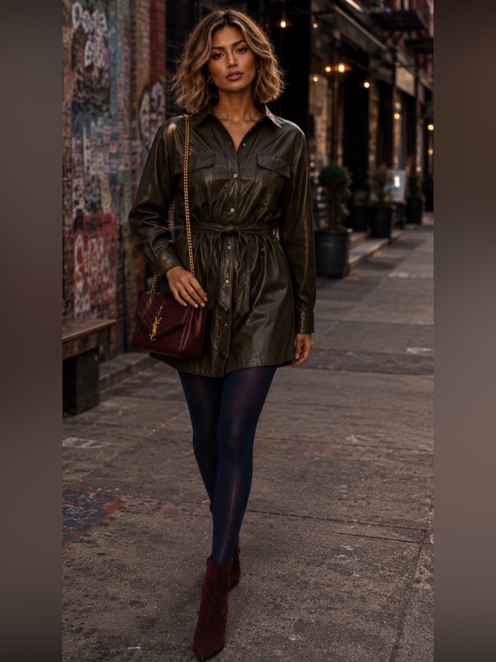 Zara Olive Green Leather Belted Shirt Dress – Size Small